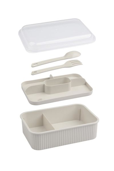 Okyanus Home Bej Çizgili Beslenme kutusu 5 bölmeli Çatal Kaşıklı Şeffaf Kapaklı Lunch Box