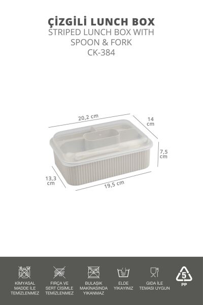 Okyanus Home Bej Çizgili Beslenme kutusu 5 bölmeli Çatal Kaşıklı Şeffaf Kapaklı Lunch Box