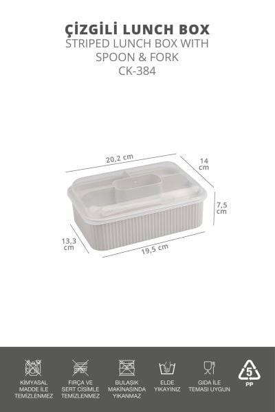 Okyanus Home Bej Çizgili Beslenme kutusu 5 bölmeli Çatal Kaşıklı Şeffaf Kapaklı Lunch Box