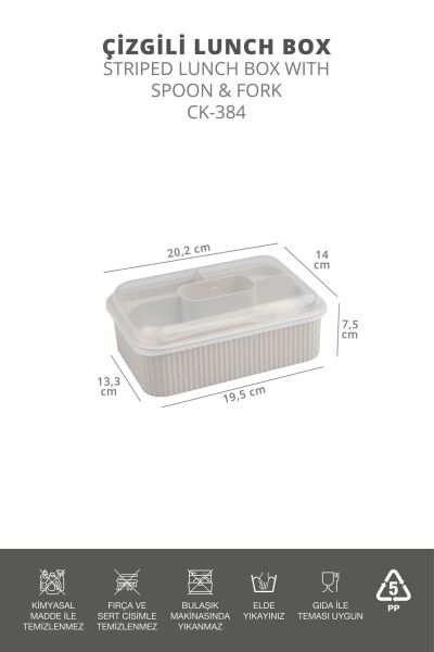 Okyanus Home Bej Çizgili Beslenme kutusu 5 bölmeli Çatal Kaşıklı Şeffaf Kapaklı Lunch Box