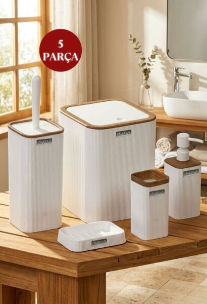 Okyanus Home Mina Beyaz Ahşap Desenli Çizgili Kare 5'li Banyo Seti