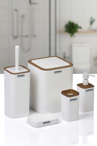Okyanus Home Mina Beyaz Ahşap Desenli Çizgili Kare 5'li Banyo Seti