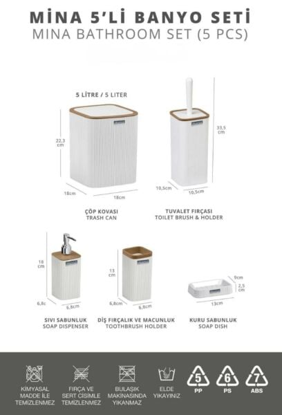 Okyanus Home Mina Beyaz Ahşap Desenli Çizgili Kare 5'li Banyo Seti