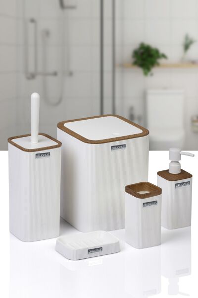 Okyanus Home Mina Beyaz Ahşap Desenli Çizgili Kare 5'li Banyo Seti
