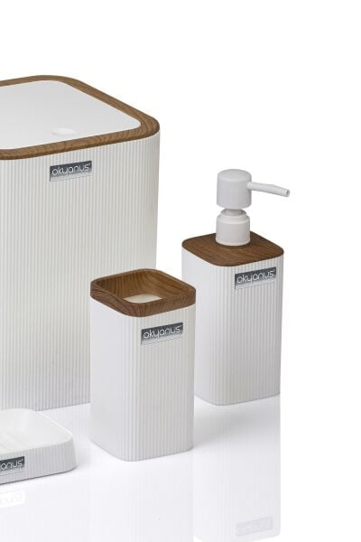 Okyanus Home Mina Beyaz Ahşap Desenli Çizgili Kare 5'li Banyo Seti