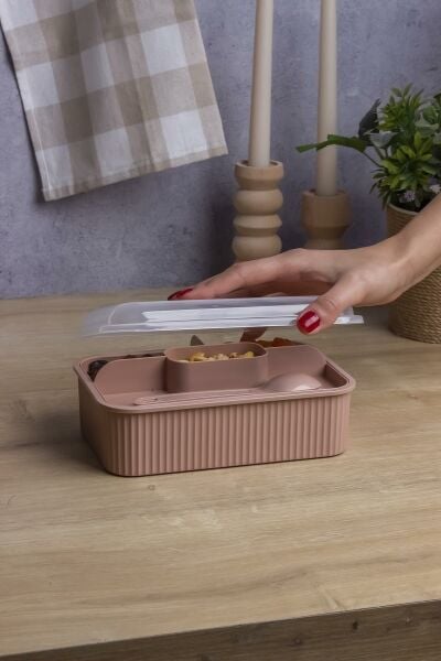 Okyanus Home Pudra Çizgili Beslenme kutusu 5 bölmeli Çatal Kaşıklı Şeffaf Kapaklı Lunch Box
