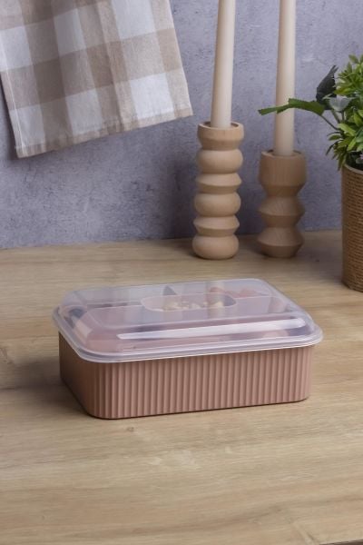 Okyanus Home Pudra Çizgili Beslenme kutusu 5 bölmeli Çatal Kaşıklı Şeffaf Kapaklı Lunch Box