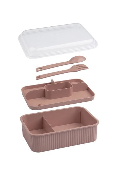 Okyanus Home Pudra Çizgili Beslenme kutusu 5 bölmeli Çatal Kaşıklı Şeffaf Kapaklı Lunch Box