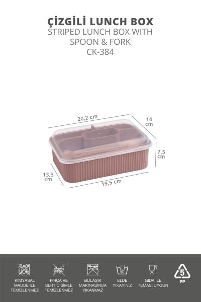 Okyanus Home Pudra Çizgili Beslenme kutusu 5 bölmeli Çatal Kaşıklı Şeffaf Kapaklı Lunch Box