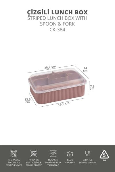 Okyanus Home Pudra Çizgili Beslenme kutusu 5 bölmeli Çatal Kaşıklı Şeffaf Kapaklı Lunch Box