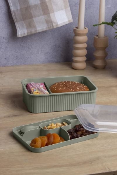 Okyanus Home Yeşil Çizgili Beslenme kutusu 5 bölmeli Çatal Kaşıklı Şeffaf Kapaklı Lunch Box