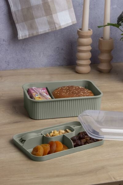 Okyanus Home Yeşil Çizgili Beslenme kutusu 5 bölmeli Çatal Kaşıklı Şeffaf Kapaklı Lunch Box