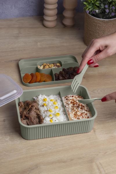Okyanus Home Yeşil Çizgili Beslenme kutusu 5 bölmeli Çatal Kaşıklı Şeffaf Kapaklı Lunch Box