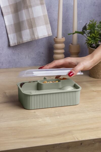 Okyanus Home Yeşil Çizgili Beslenme kutusu 5 bölmeli Çatal Kaşıklı Şeffaf Kapaklı Lunch Box