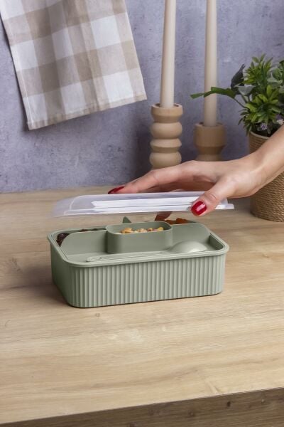 Okyanus Home Yeşil Çizgili Beslenme kutusu 5 bölmeli Çatal Kaşıklı Şeffaf Kapaklı Lunch Box