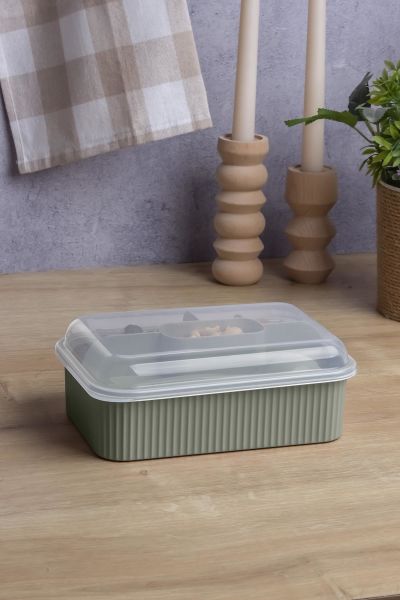 Okyanus Home Yeşil Çizgili Beslenme kutusu 5 bölmeli Çatal Kaşıklı Şeffaf Kapaklı Lunch Box