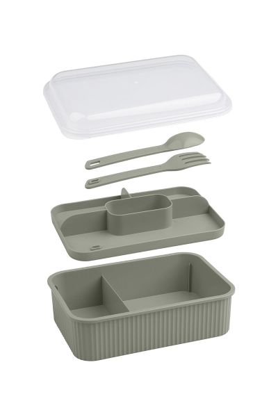 Okyanus Home Yeşil Çizgili Beslenme kutusu 5 bölmeli Çatal Kaşıklı Şeffaf Kapaklı Lunch Box