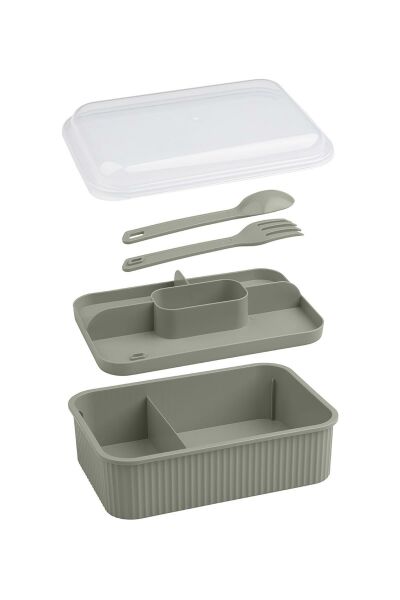 Okyanus Home Yeşil Çizgili Beslenme kutusu 5 bölmeli Çatal Kaşıklı Şeffaf Kapaklı Lunch Box