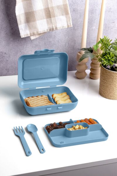 Okyanus Home Mavi Lunch Box 2 Katlı 5 bölmeli Kendinden Çatal Kaşıklı Beslenme Kutusu