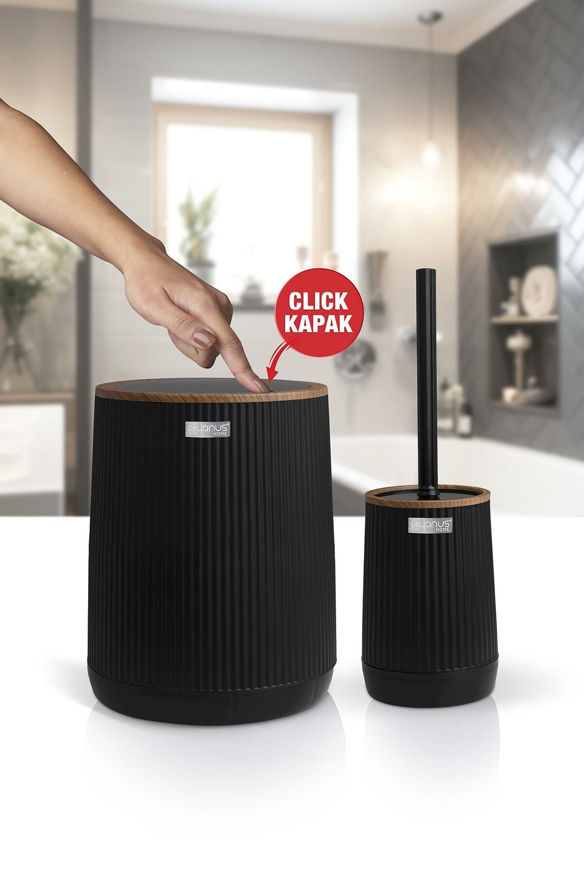 Okyanus Home Nida Siyah Ahşap Desenli Eko 2'li Wc Kova Ve Fırça Seti