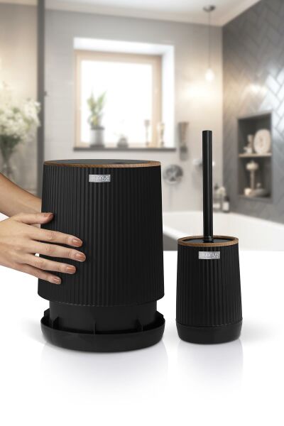 Okyanus Home Nida Siyah Ahşap Desenli Eko 2'li Wc Kova Ve Fırça Seti