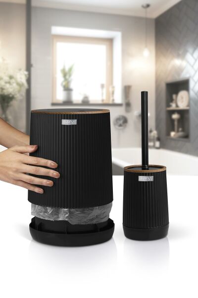 Okyanus Home Nida Siyah Ahşap Desenli Eko 2'li Wc Kova Ve Fırça Seti