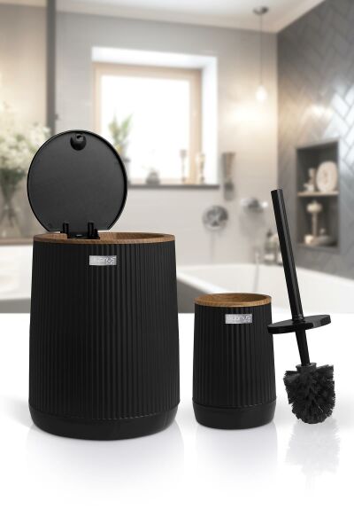 Okyanus Home Nida Siyah Ahşap Desenli Eko 2'li Wc Kova Ve Fırça Seti