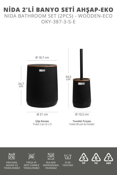 Okyanus Home Nida Siyah Ahşap Desenli Eko 2'li Wc Kova Ve Fırça Seti