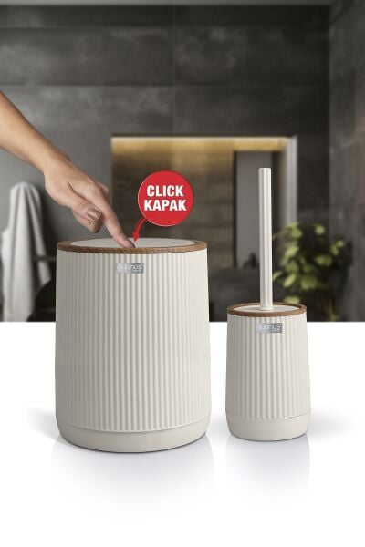 Okyanus Home Nida Bej Ahşap Desenli Eko 2'li Wc Kova Ve Fırça Seti