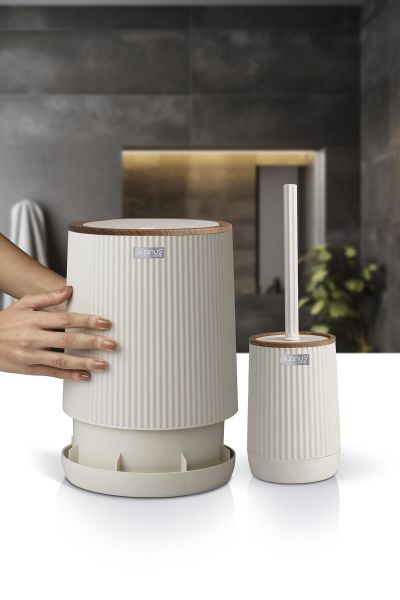 Okyanus Home Nida Bej Ahşap Desenli Eko 2'li Wc Kova Ve Fırça Seti