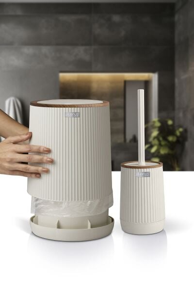 Okyanus Home Nida Bej Ahşap Desenli Eko 2'li Wc Kova Ve Fırça Seti