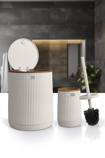 Okyanus Home Nida Bej Ahşap Desenli Eko 2'li Wc Kova Ve Fırça Seti