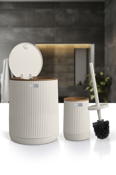Okyanus Home Nida Bej Ahşap Desenli Eko 2'li Wc Kova Ve Fırça Seti