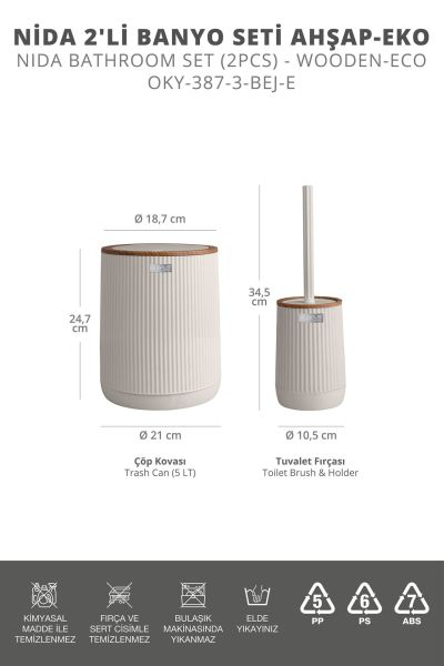 Okyanus Home Nida Bej Ahşap Desenli Eko 2'li Wc Kova Ve Fırça Seti