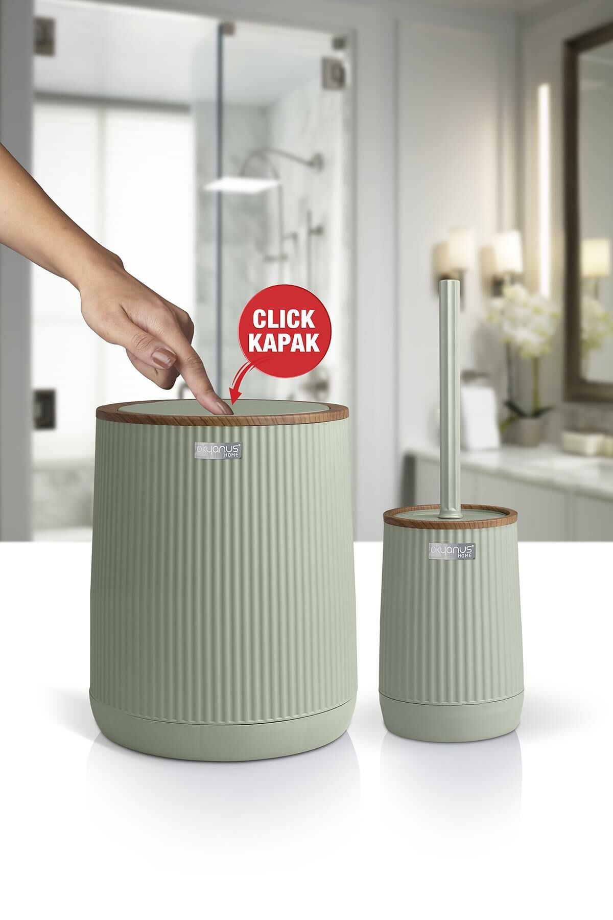 Okyanus Home Nida Yeşil Ahşap Desenli Eko 2'li Wc Kova Ve Fırça Seti