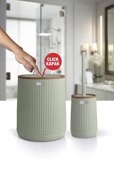 Okyanus Home Nida Yeşil Ahşap Desenli Eko 2'li Wc Kova Ve Fırça Seti