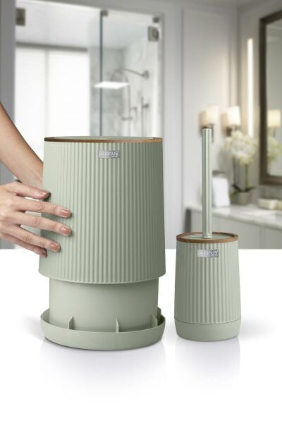 Okyanus Home Nida Yeşil Ahşap Desenli Eko 2'li Wc Kova Ve Fırça Seti