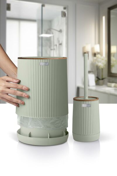 Okyanus Home Nida Yeşil Ahşap Desenli Eko 2'li Wc Kova Ve Fırça Seti