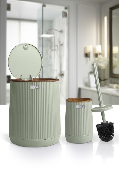 Okyanus Home Nida Yeşil Ahşap Desenli Eko 2'li Wc Kova Ve Fırça Seti