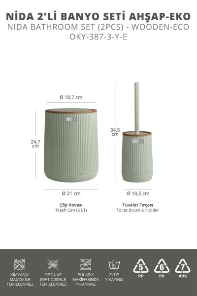 Okyanus Home Nida Yeşil Ahşap Desenli Eko 2'li Wc Kova Ve Fırça Seti