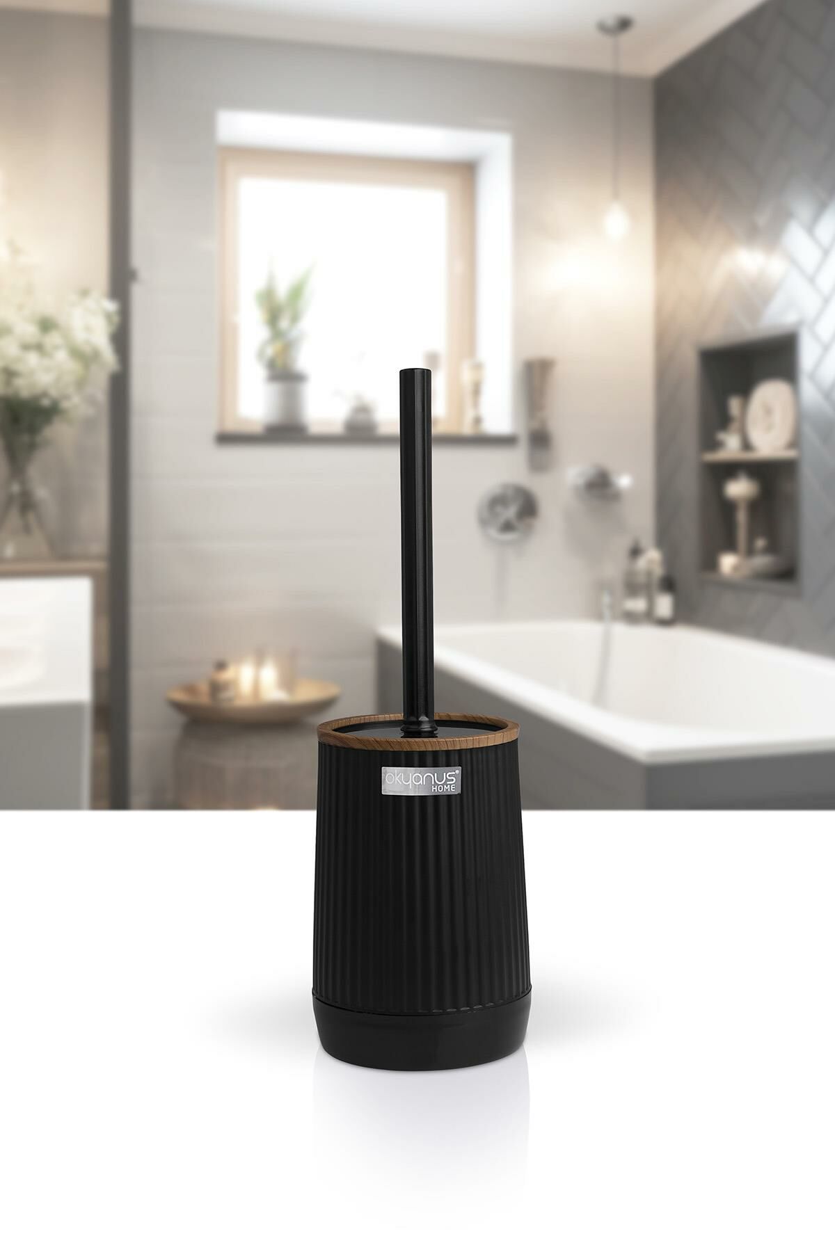 Okyanus Home Nida Siyah Ahşap Desenli Eko Wc Fırçalık