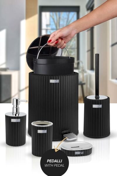 Okyanus Home Coliseum Siyah Kromlu İç Kovalı Pedallı 5'li Banyo Seti