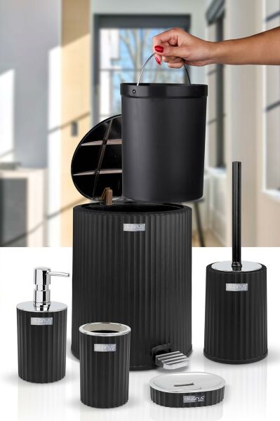 Okyanus Home Coliseum Siyah Kromlu İç Kovalı Pedallı 5'li Banyo Seti