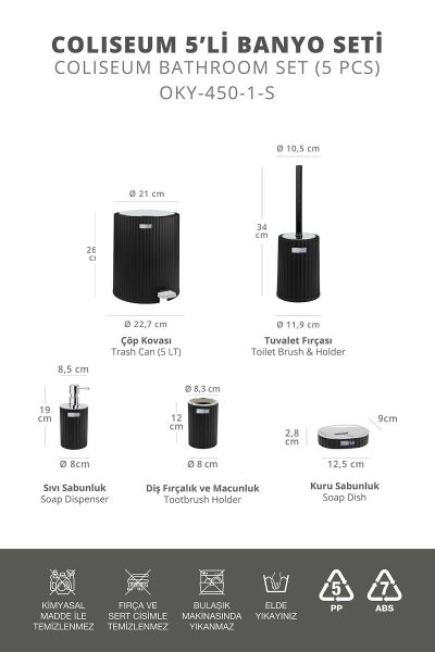 Okyanus Home Coliseum Siyah Kromlu İç Kovalı Pedallı 5'li Banyo Seti