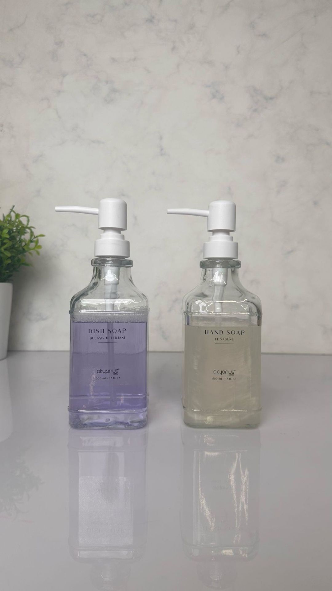 Okyanus Home Beyaz Pompalı İkili Kare Cam Sıvı Sabunluk 500ml