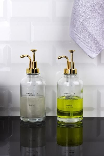 Okyanus Home Altın Pompalı İkili Yuvarlak Cam Sıvı Sabunluk 500ml