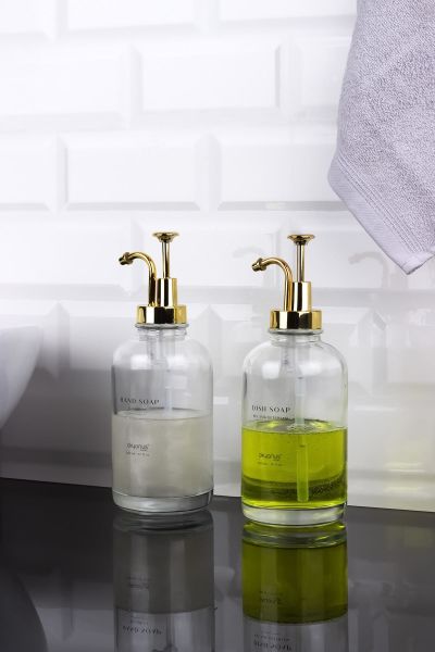 Okyanus Home Altın Pompalı İkili Yuvarlak Cam Sıvı Sabunluk 500ml