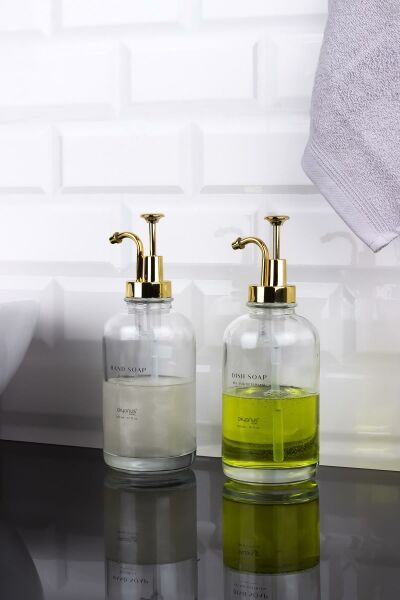 Okyanus Home Altın Pompalı İkili Yuvarlak Cam Sıvı Sabunluk 500ml