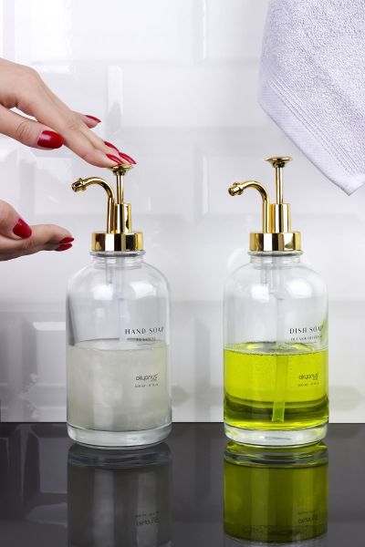 Okyanus Home Altın Pompalı İkili Yuvarlak Cam Sıvı Sabunluk 500ml