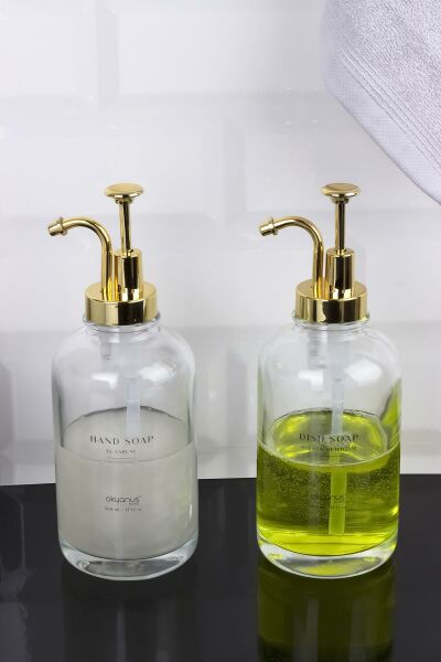 Okyanus Home Altın Pompalı İkili Yuvarlak Cam Sıvı Sabunluk 500ml